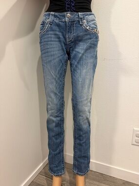 Miss Me Medium Blue Straight-Leg Jeans with Rhinestone Pocket Trim